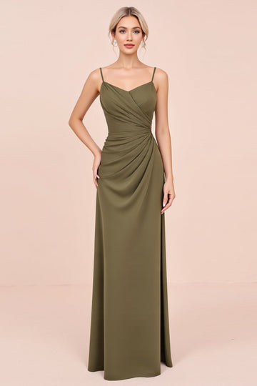 Olive Spaghetti Straps Sheath Ruched Long Bridesmaid Dress
